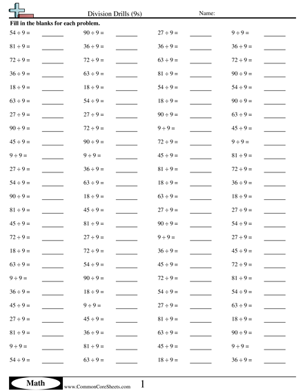 Math Drills Worksheets - Division Drills (9s) worksheet